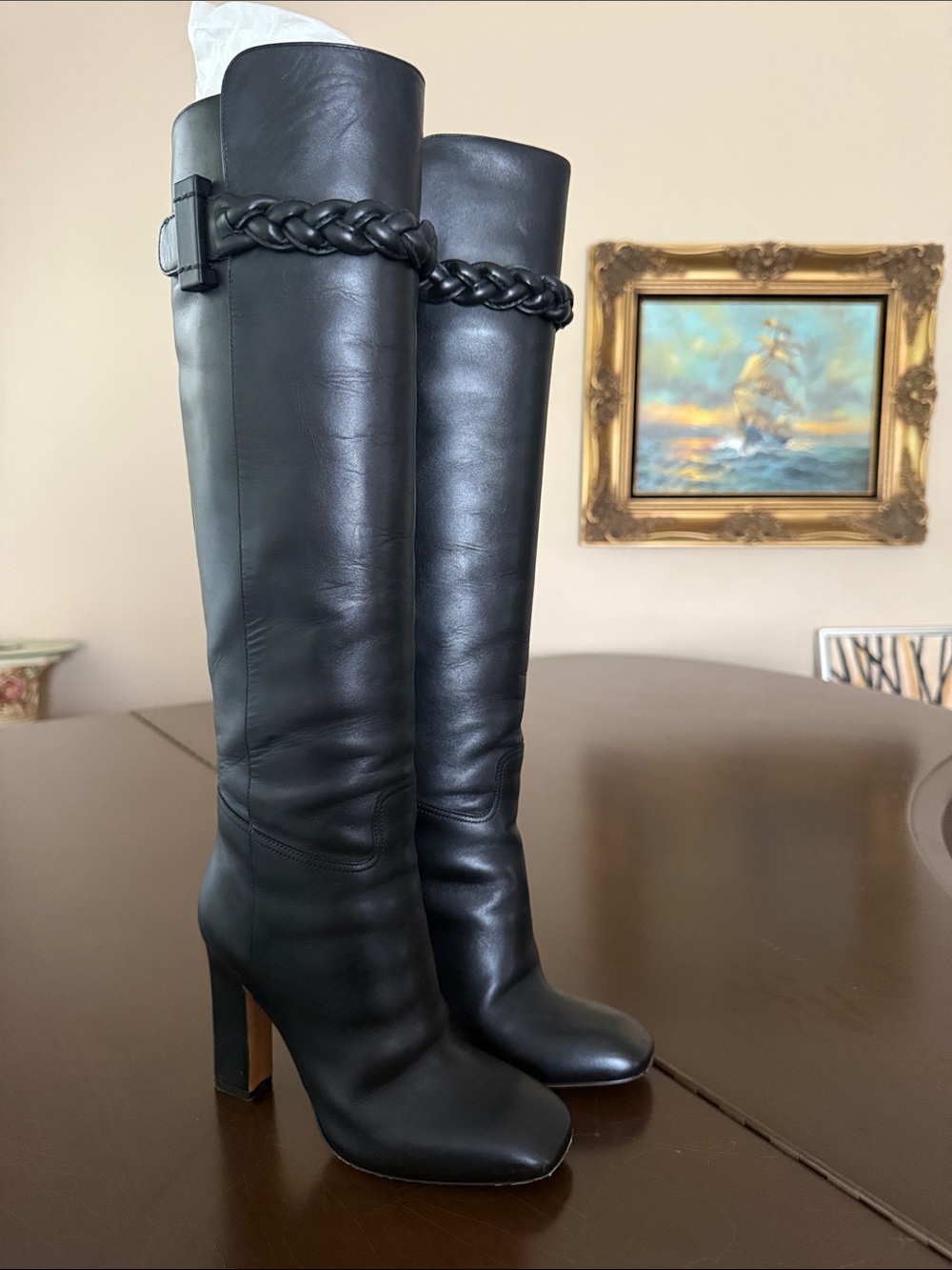 Valentino Black Leather Over-The-Knee Braided-Strap Boots